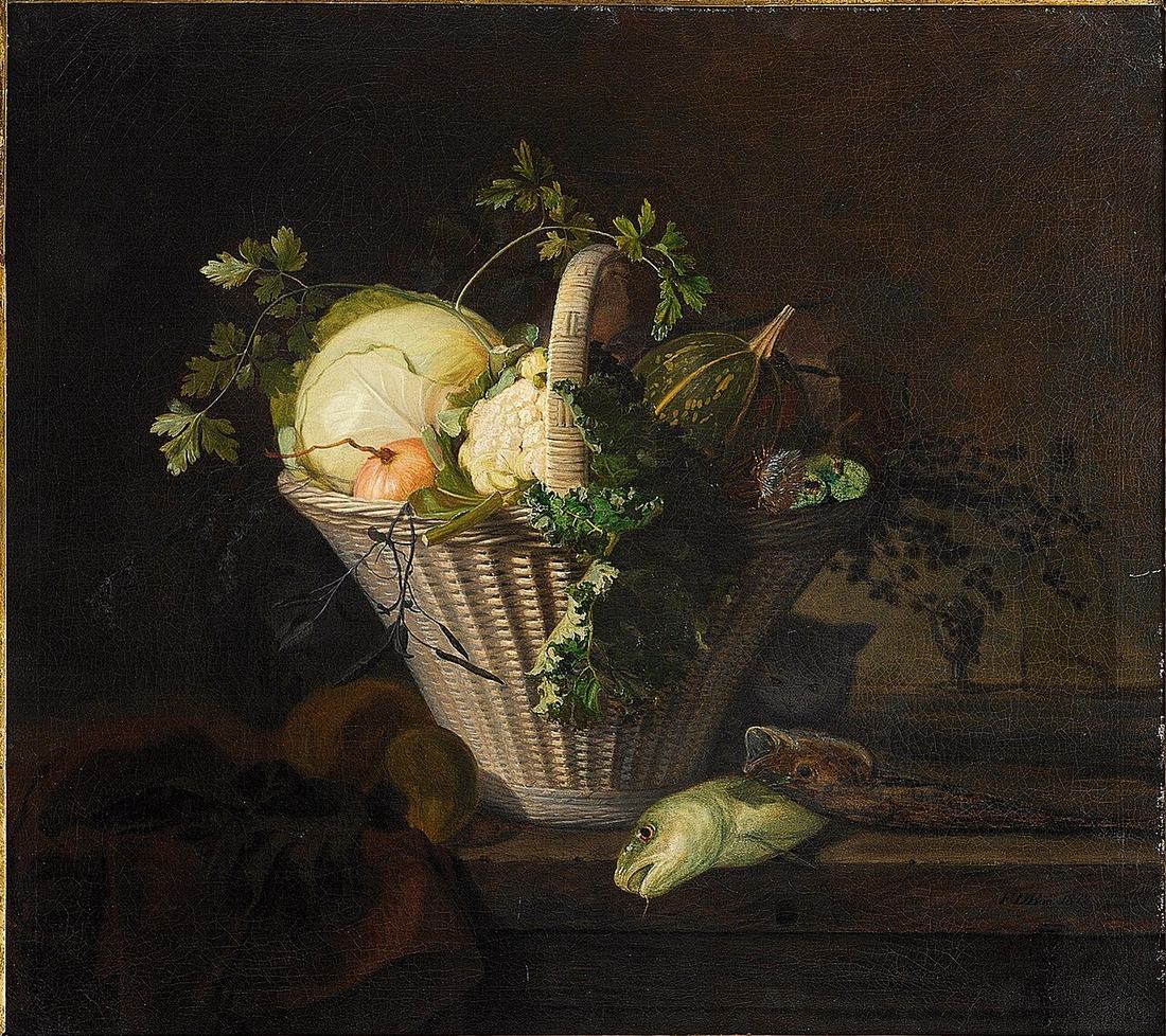 Natureza-morta com cesto de legumes, pintura de Frants Bøe, de 1842